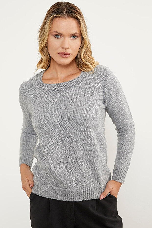 Önü Örgü Detaylı Triko Basic Kazak - Gri - 2