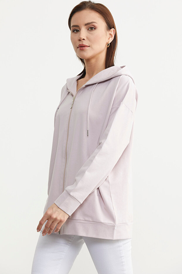 Fermuarlı Oversize Sweat - Pudra - 2