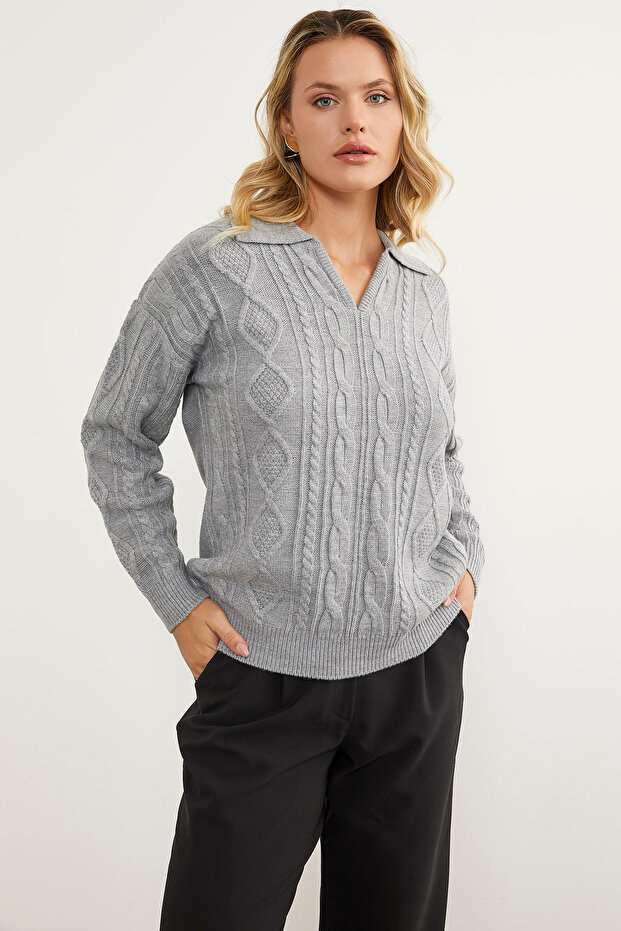 سترة تريكو منقوشة بياقة بولو - رمادي فاتح - 4