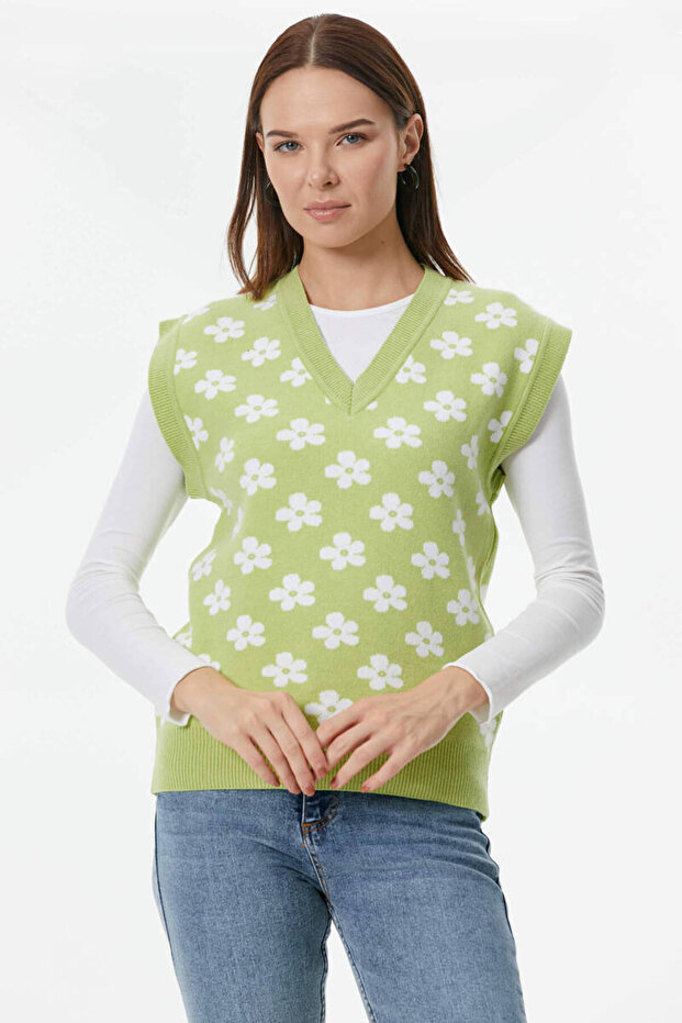 V-Neck Floral Motif Knitwear Sweater - Green