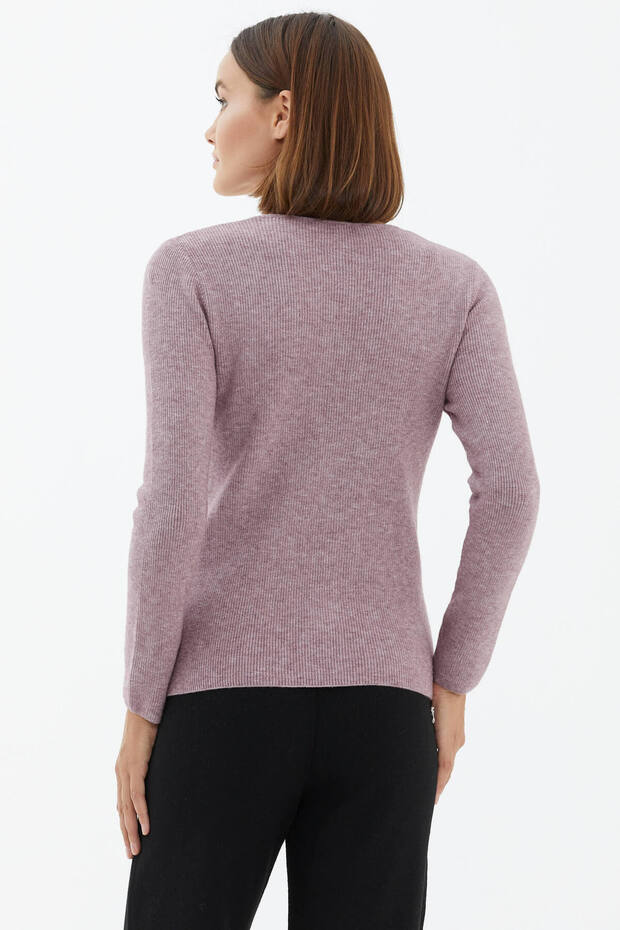 V Yaka Basic Triko Kazak - Gül - 4