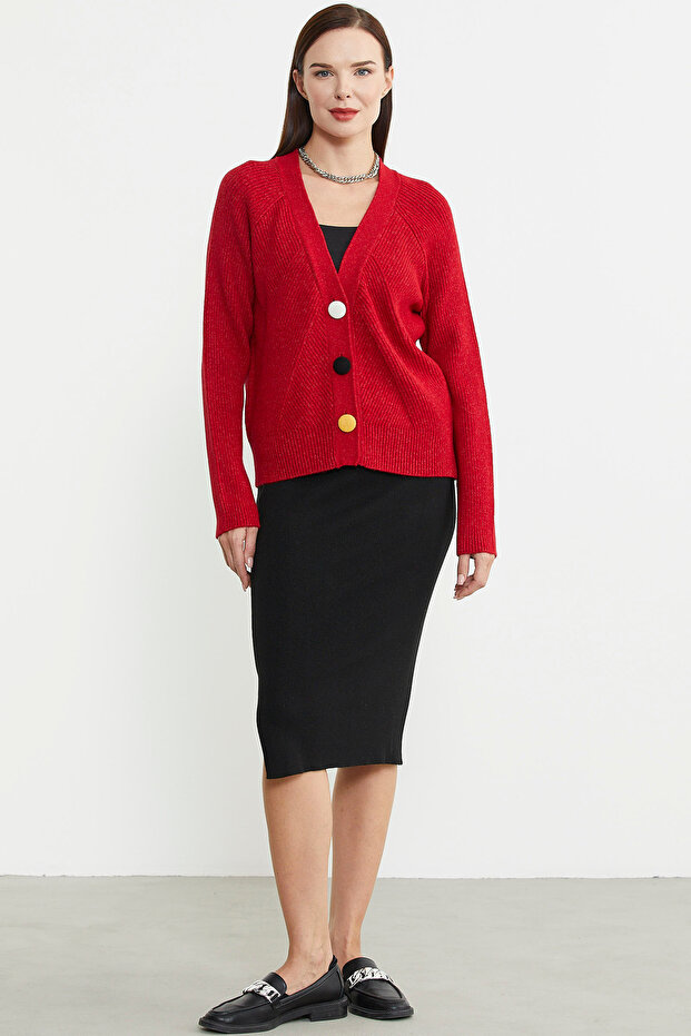 Colorful Buttoned Knitwear Cardigan - Red