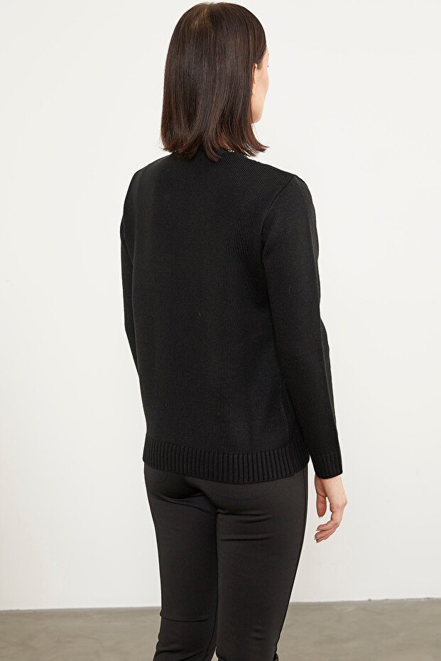 Önü Örgü Detaylı Triko Basic Kazak - Siyah - 4