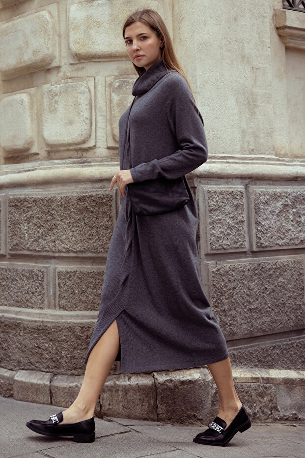Degaje Collar Front Hair Braided Knitwear Dress - Dark Gray