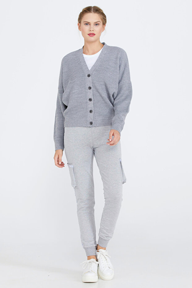 V Yaka Basic Triko Hırka - Gri - 3