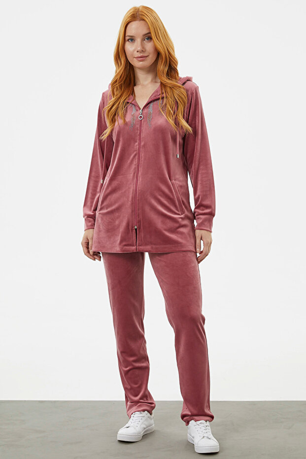 Full Zippered Velvet Jewelled Tracksuit Set - Dried Rose