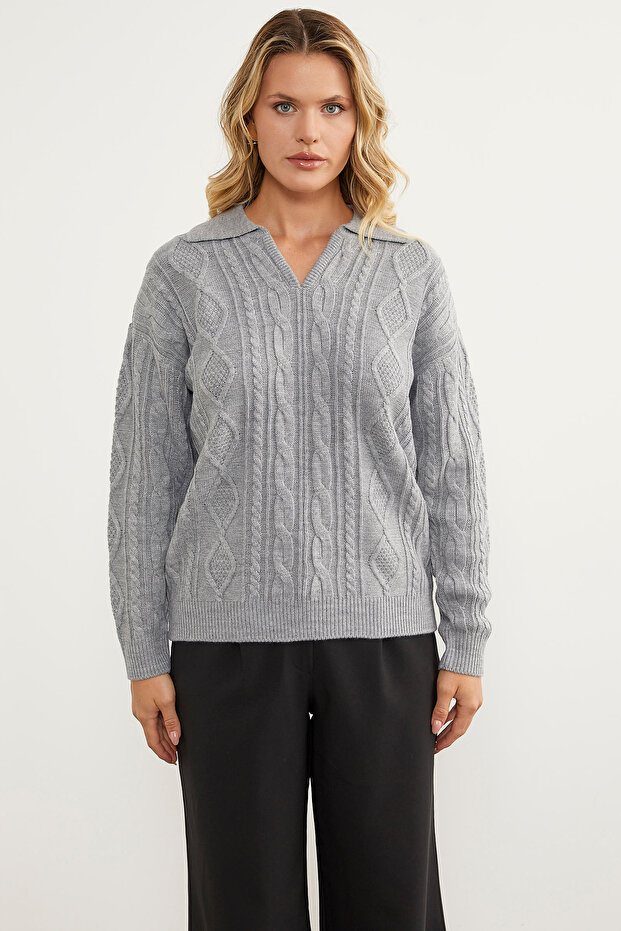 سترة تريكو منقوشة بياقة بولو - رمادي فاتح - 2