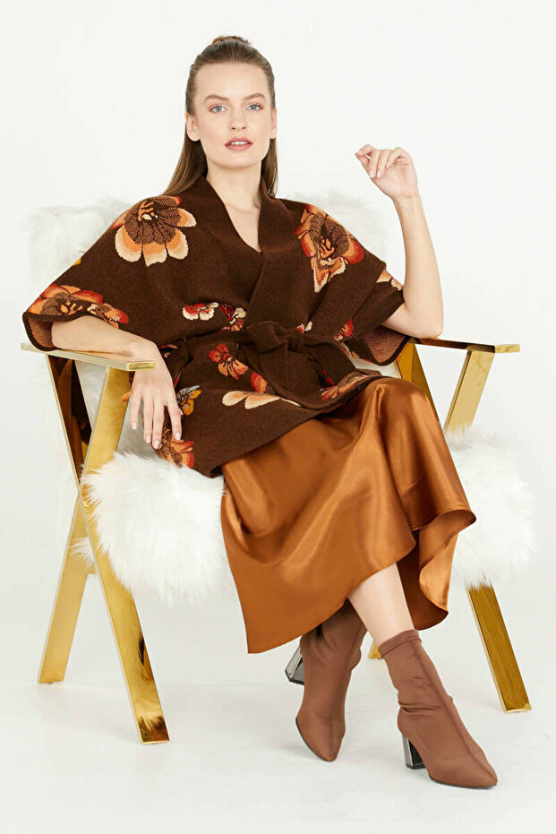 Floral Patterned Long Knitwear Jacket - Brown - 1