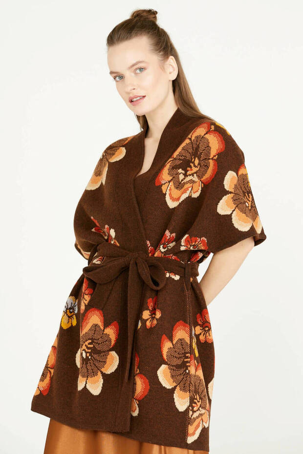 Floral Patterned Long Knitwear Jacket - Brown - 3