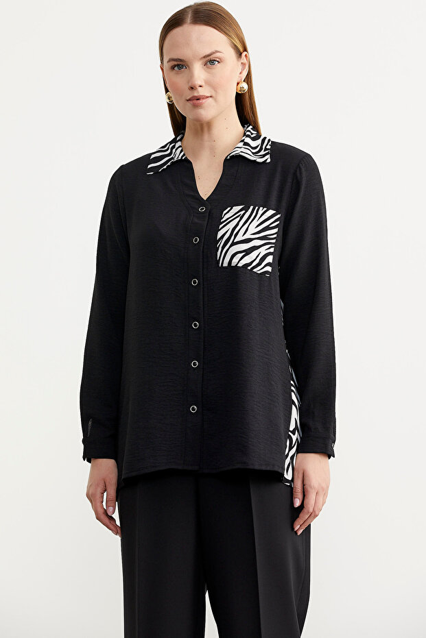 قميص كريب بنمط مزيج - أسود - 1