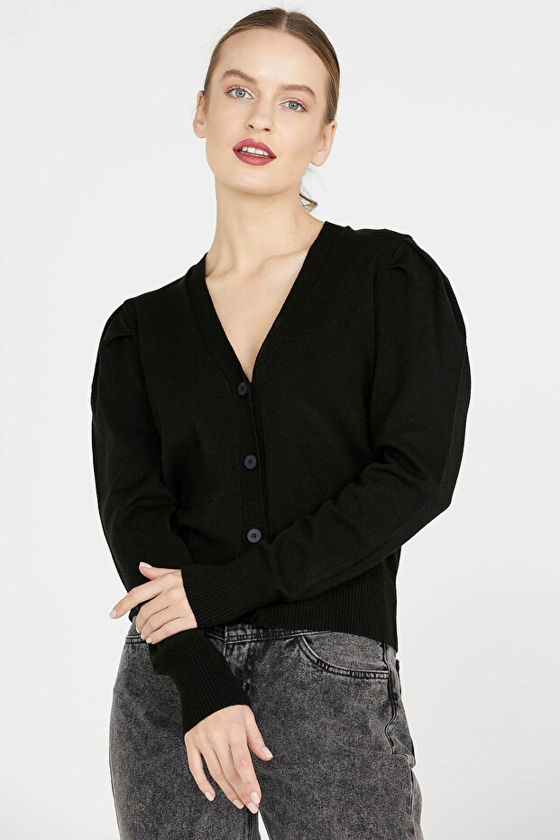 Balon Kol Triko Hırka - Siyah - 1