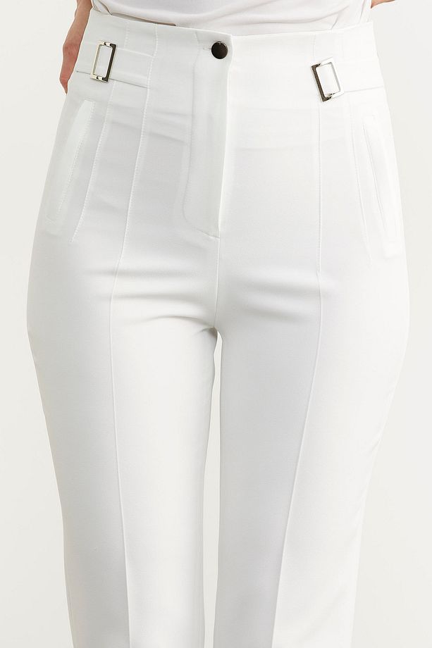 Dar Paça Yüksek Bel Kumaş Pantolon - Ekru - 3
