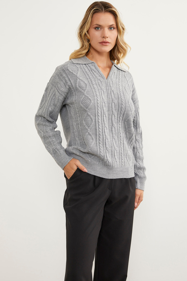 سترة تريكو منقوشة بياقة بولو - رمادي فاتح - 1