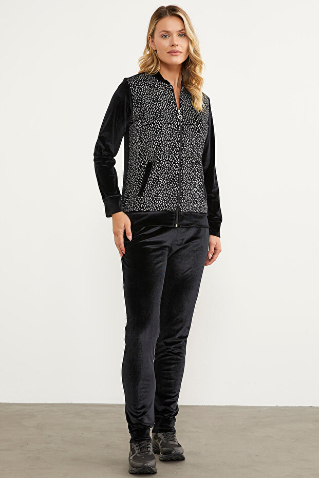 Patterned Sequin Fabric Combination Velvet Tracksuit Set - Black