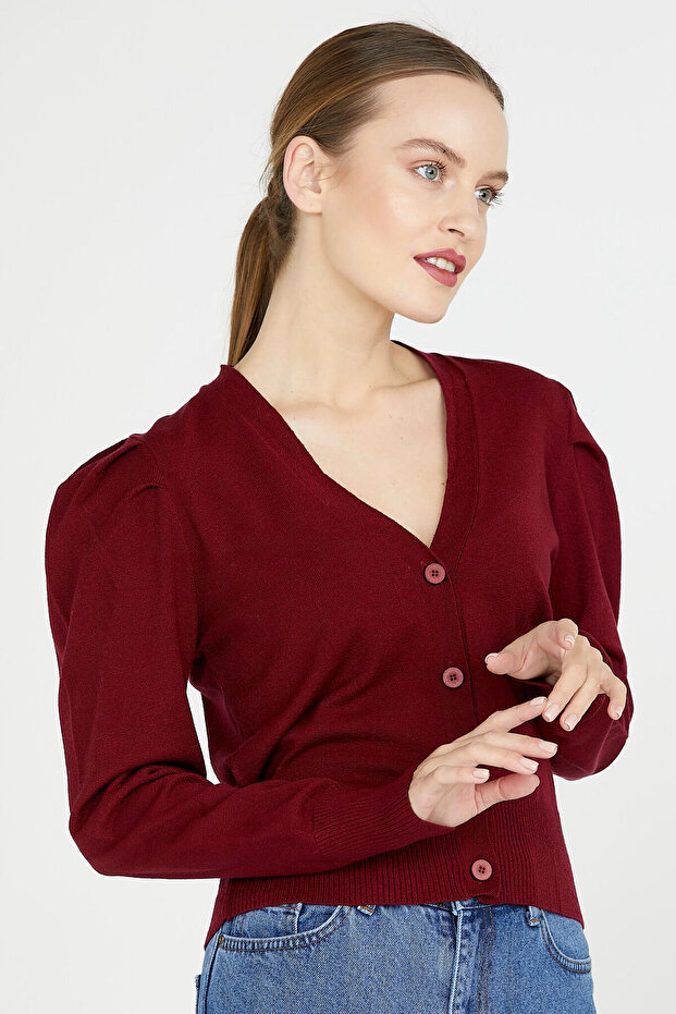 Balon Kol Triko Hırka - Bordo - 1