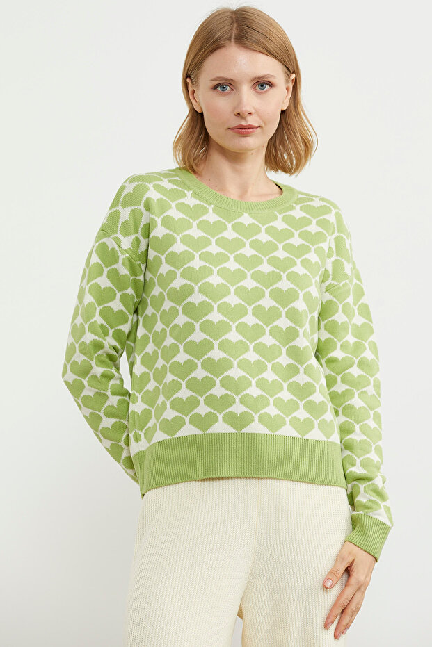 Heart Patterned Crew Neck Sweater - Green - 1