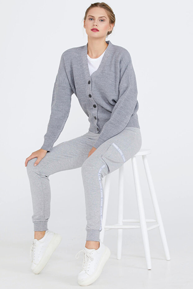 V Yaka Basic Triko Hırka - Gri - 1