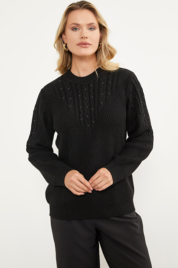 Pearl Detailed Stand Collar Knitwear Sweater - Black