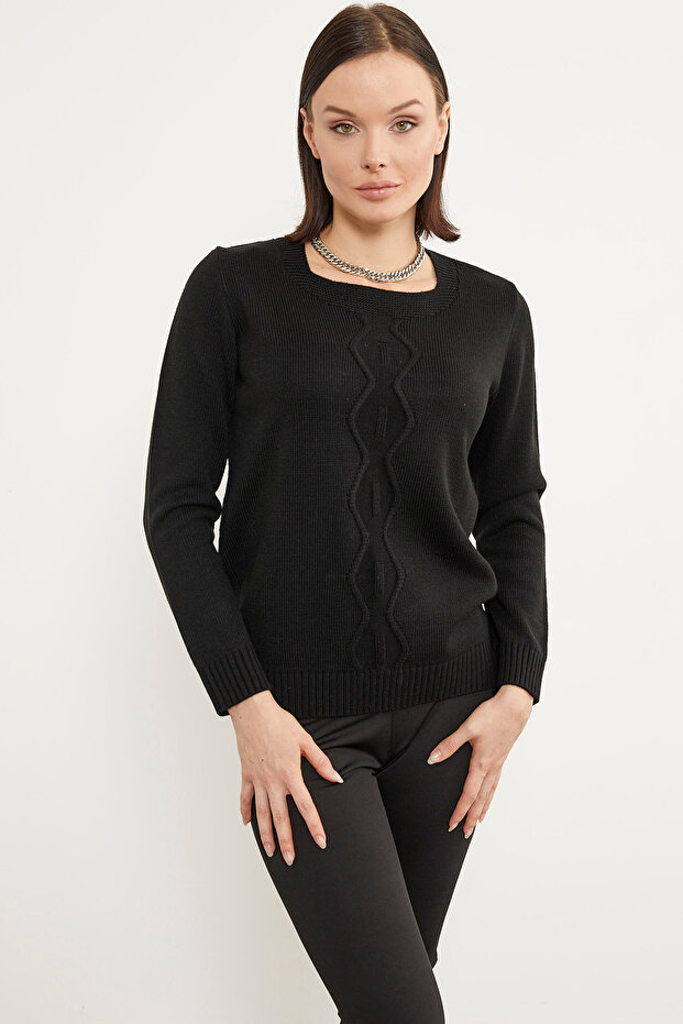 Önü Örgü Detaylı Triko Basic Kazak - Siyah - 3