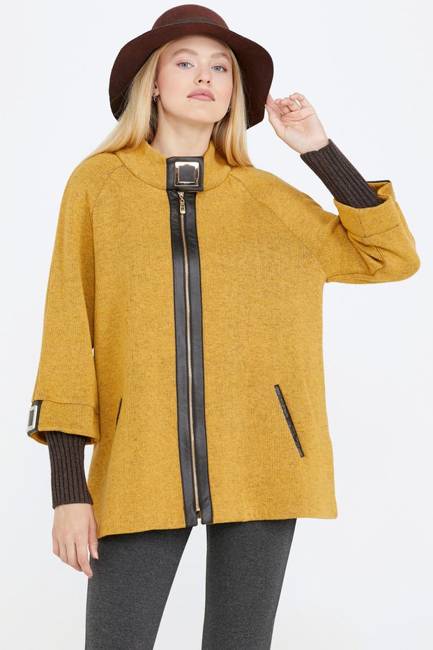 Women's Knitwear Jacket with Buckle Detail and Zipper - Sun - Brown
