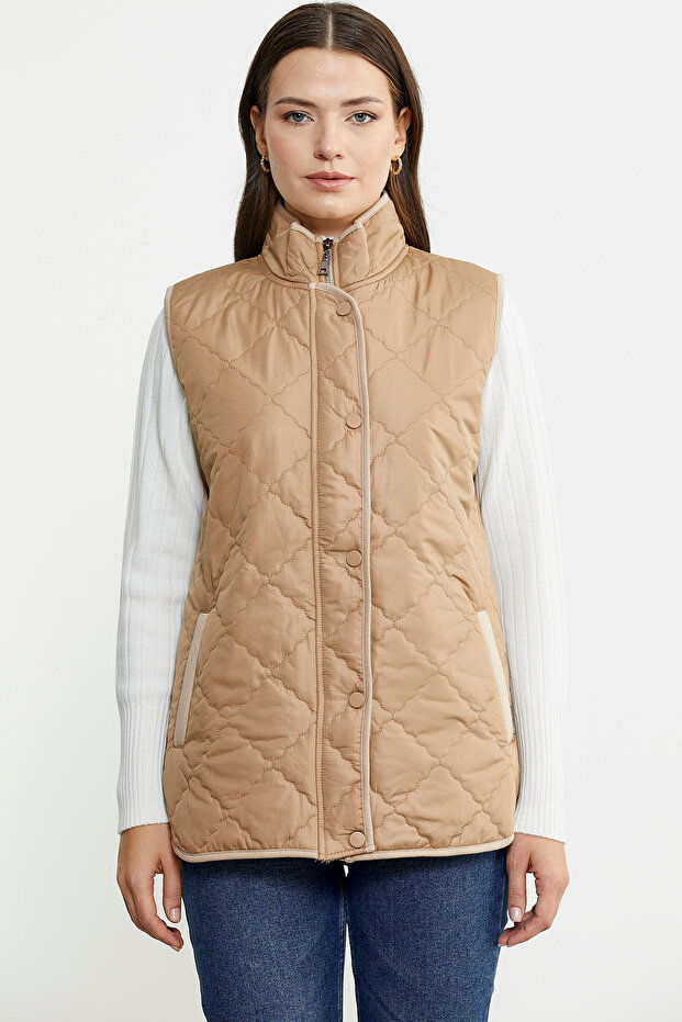 Dik Yaka Cepli Kapitone Yelek - Kamel - 1