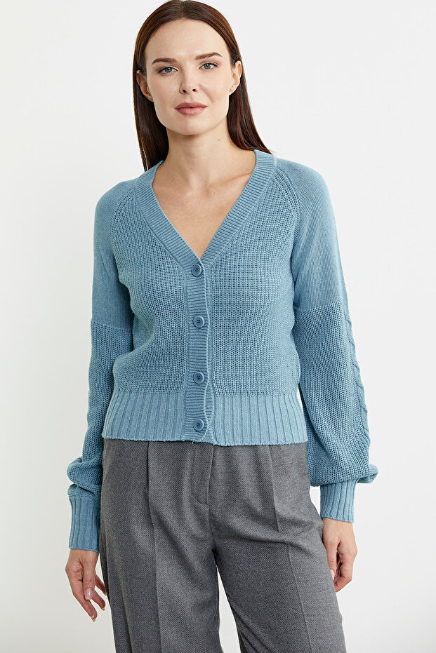كارديجان صوف قصير بأزرار - أزرق فاتح