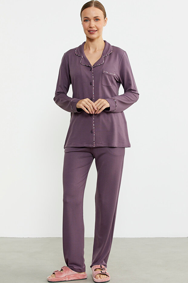 طقم بيجامة موديل قميص بلون بنفسجي - 4