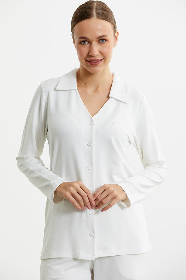Gömlek Model Nakışlı Pijama Takım - Ekru - 4