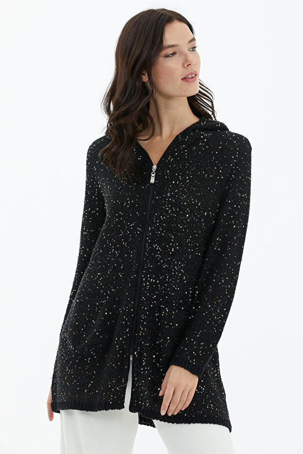 Kapüşonlu Fermuarlı Pullu Triko Hırka - Siyah - 2