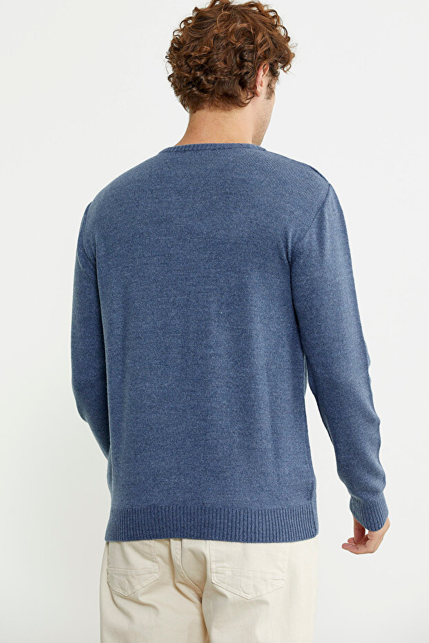 Basic Sıfır Yaka Triko Kazak - Indigo - 6