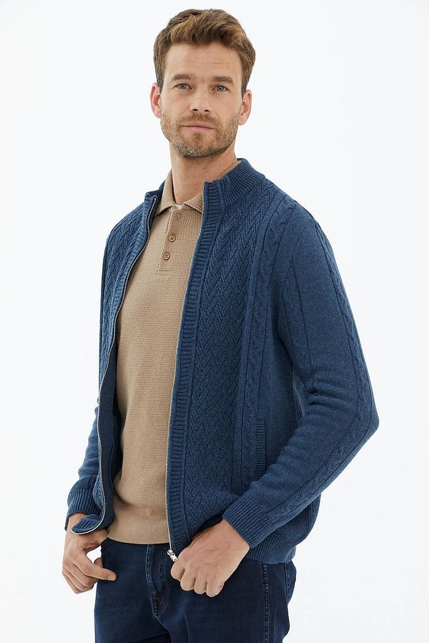 Dik Yaka Fermuarlı Triko Hırka - Indigo - 3