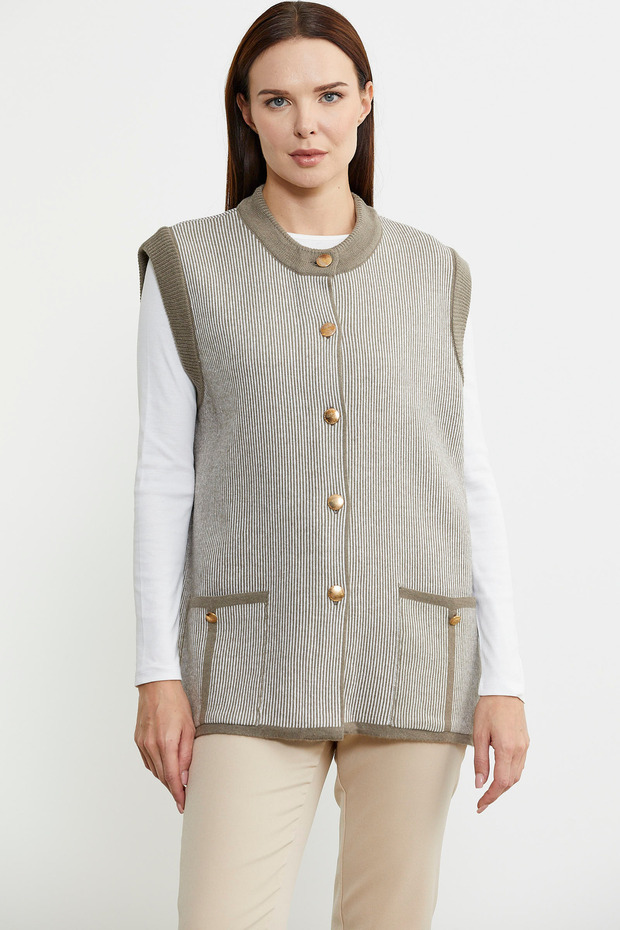 Ribbed Double Color Wool Knitwear Vest - Milk Coffee
