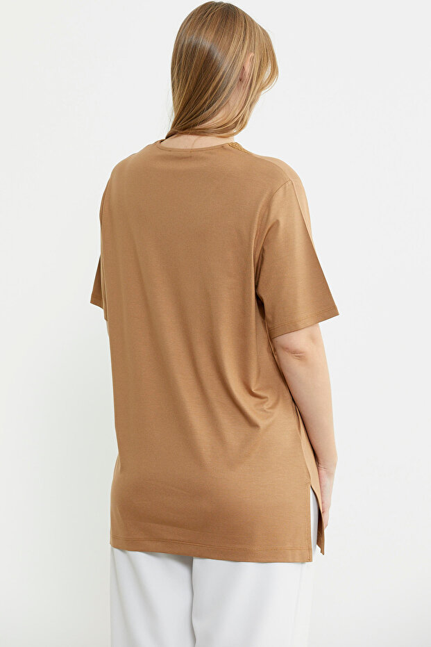 Kısa Kol V Triko Yaka Bluz - Kamel - 6