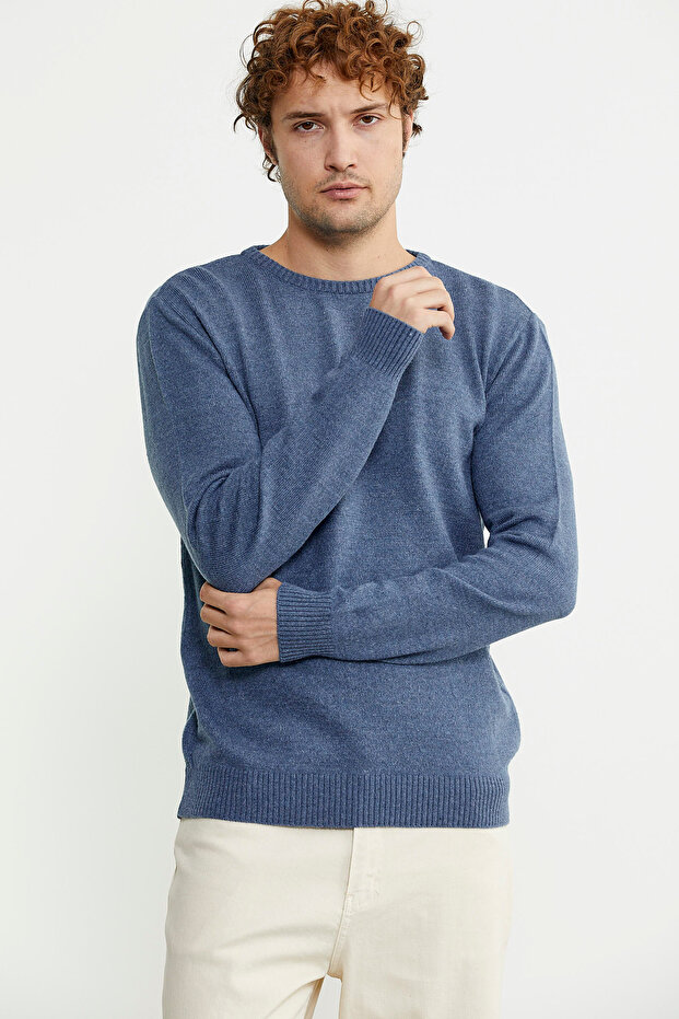 Basic Sıfır Yaka Triko Kazak - Indigo - 1