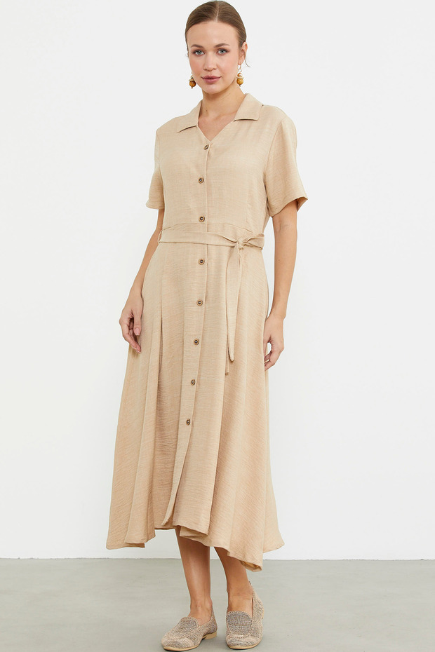 Rochie cămașă lungă de in bej - 3