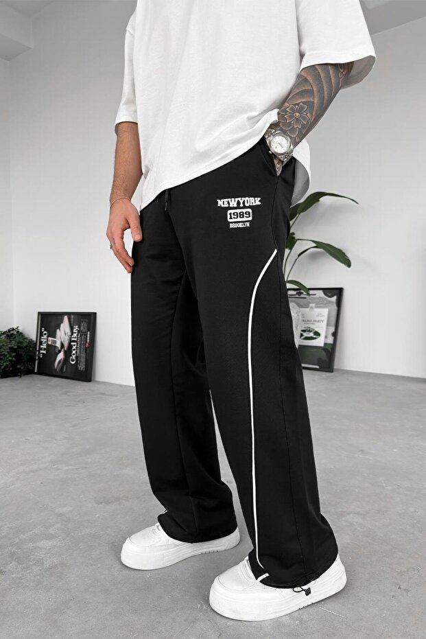 Black New York Leg Adjustable Detail Baggy Tracksuit