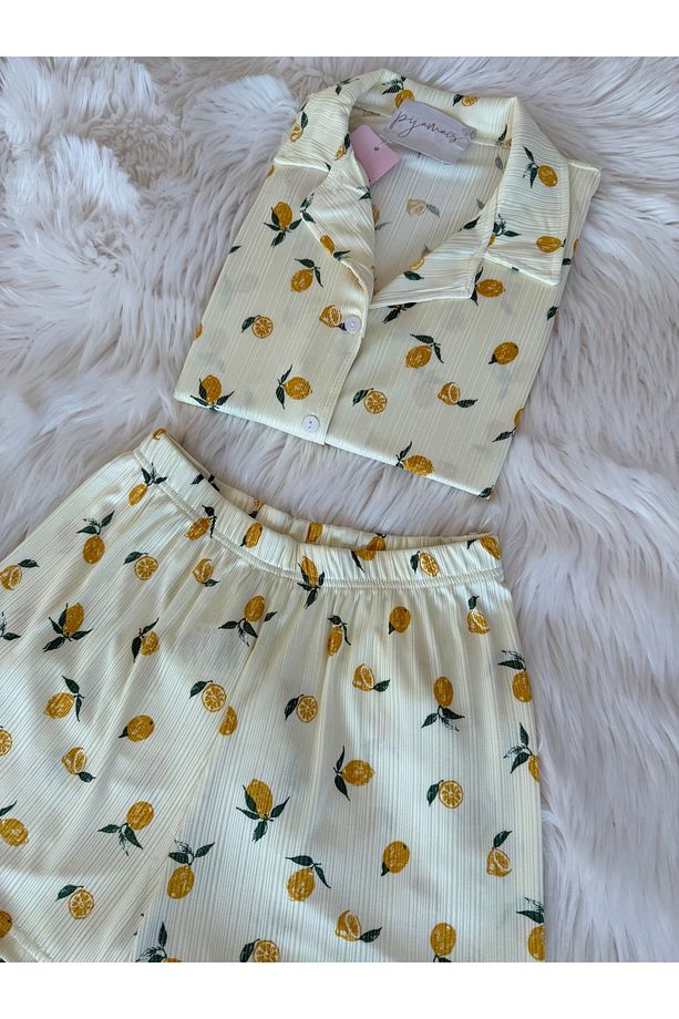 Sarı Limon Desenli Pegasus Şortlu Pijama Takımı - 5