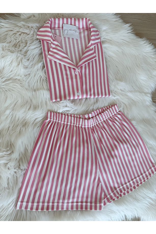 Pembe Çizgili Desenli Pegasus Şortlu Pijama Takımı - 2
