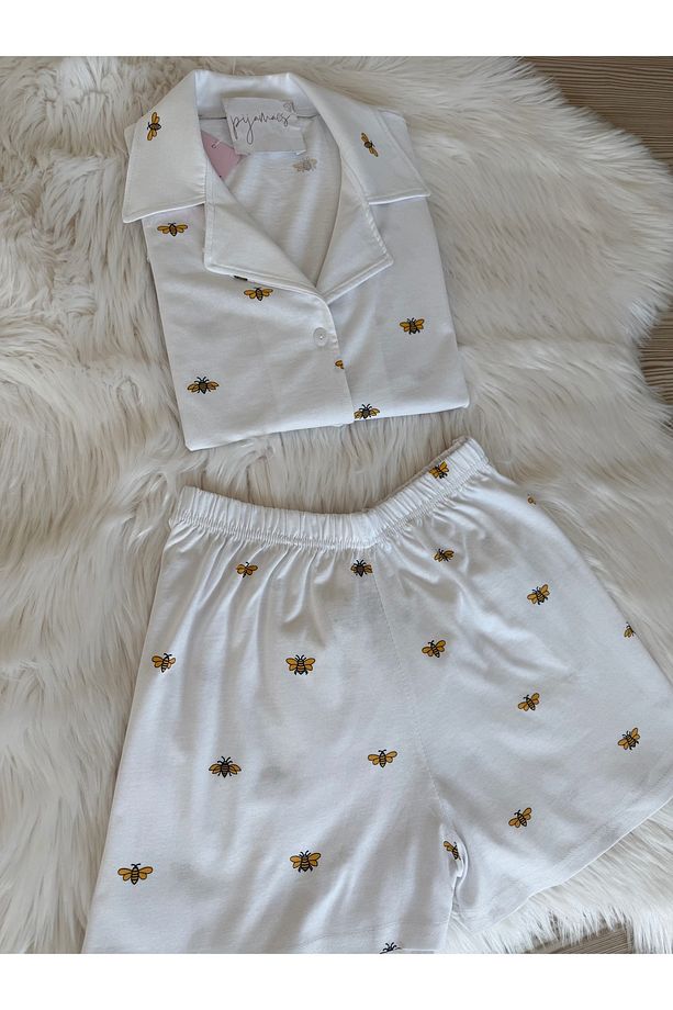 Minik Arı Desenli Pamuklu Kısa Kol Gömlek Yaka Şortlu Pijama Takımı - 5