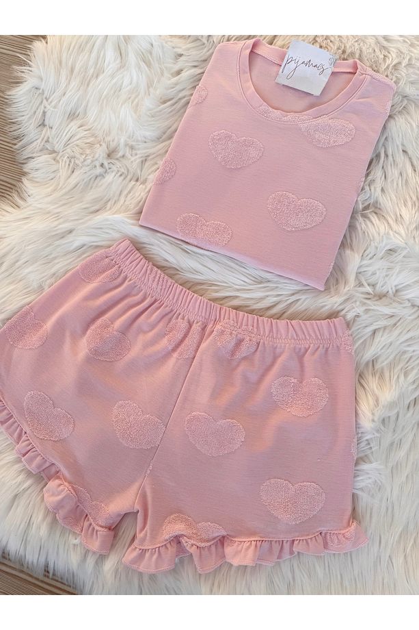 Pembe Kalp Dokulu Fırfır Detaylı Jakarlı Şortlu Pijama Takımı - 4