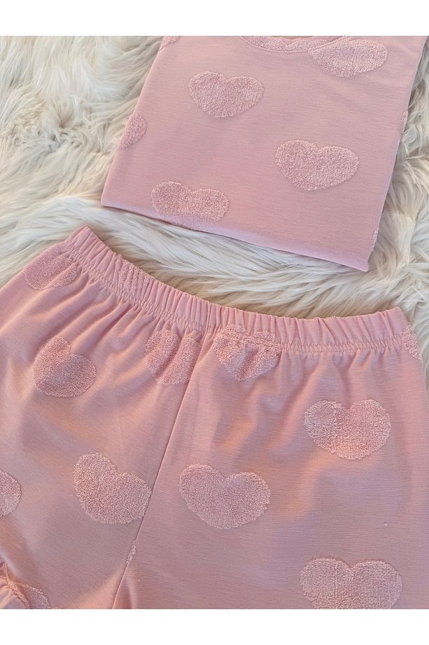 Pembe Kalp Dokulu Fırfır Detaylı Jakarlı Şortlu Pijama Takımı - 5
