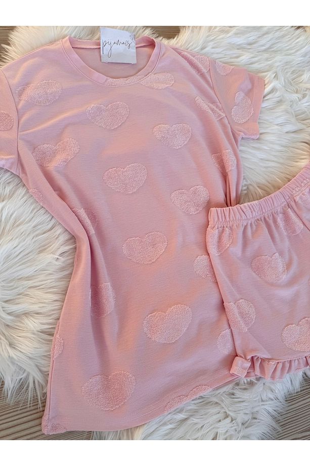 Pembe Kalp Dokulu Fırfır Detaylı Jakarlı Şortlu Pijama Takımı - 8
