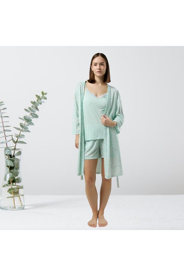 Yeşil Askılı  Atlet&Şort Sabahlıklı 3'lü Viskon Pijama Takımı T6HCL8VR.9P.6.PC - 2