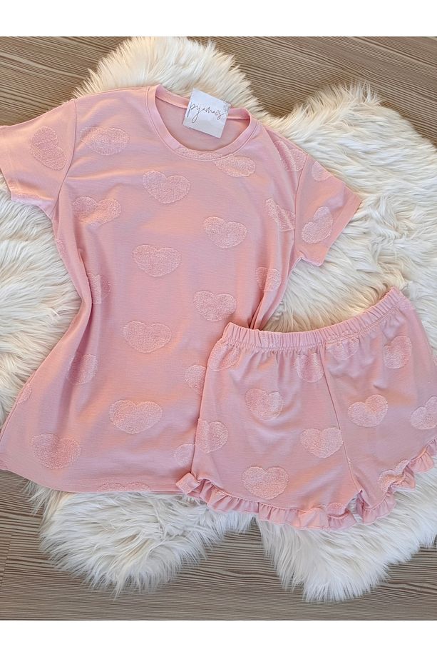 Pembe Kalp Dokulu Fırfır Detaylı Jakarlı Şortlu Pijama Takımı - 6