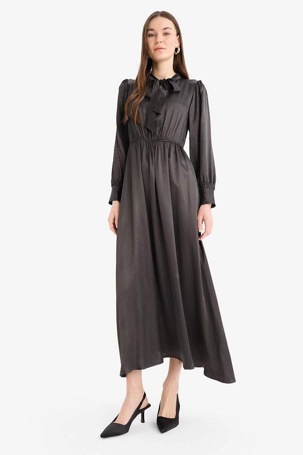 Regular Fit Fiyonk Yaka Saten Uzun Kollu Midi Elbise F0819ax25sp - 1