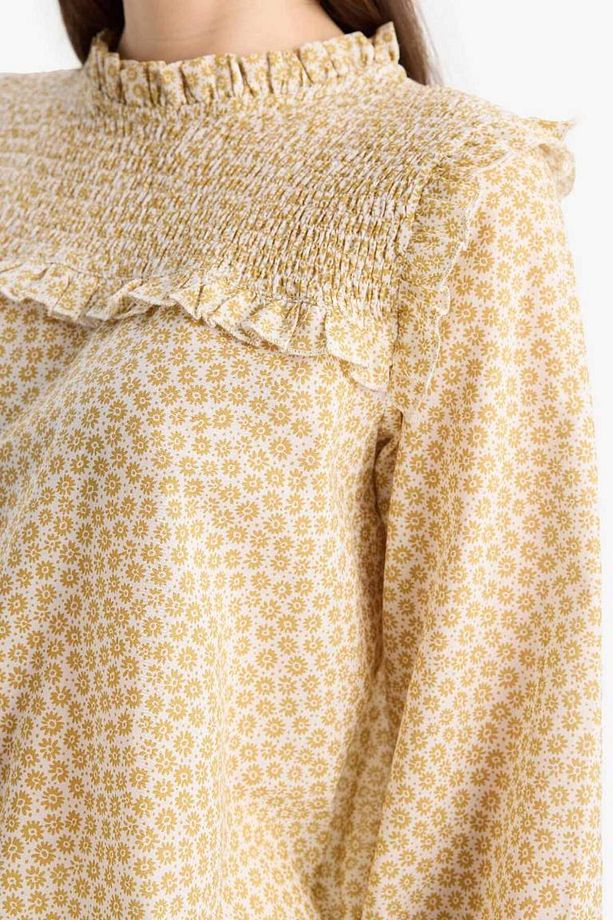 Regular Fit Desenli Fırfır Yaka Vual Uzun Kollu Tesettür Bluz Tunik E7966ax25sm - 5