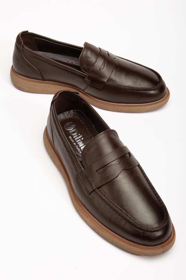 Genuine Leather Men's Loafer Shoes Brown College Model Flat Sole