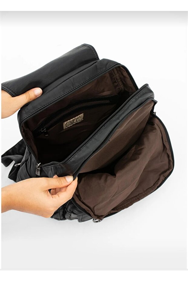 حقيبة ظهر جلدية مغسولة - 4