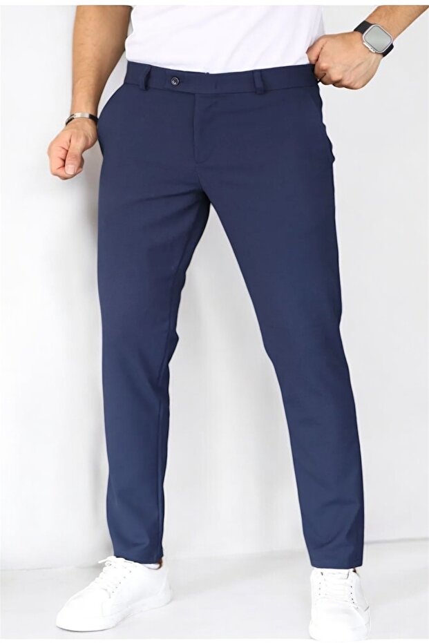Men's Navy Blue Color Italian Cut Quality Stretchy Lycra Ankle Length Fabric Pants