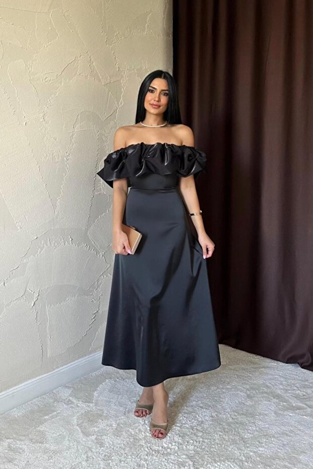 Black Shoulder Gathered Satin Dress